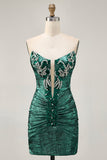 Wine Strapless Ruched Bodycon Homecoming Dress with Rhinestones