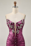 Wine Strapless Ruched Bodycon Homecoming Dress with Rhinestones