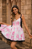 White Blue Flower Corset A-Line Homecoming Dress with Bow