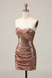 Coffee Strapless Ruched Sequined Bodycon Homecoming Dress