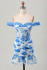 White Blue Flower Off the Shoulder Corset Short Homecoming Dress with Ruffles