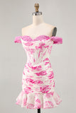 White Blue Flower Off the Shoulder Corset Short Homecoming Dress with Ruffles