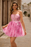 Floral Pink Strapless Corset Homecoming Dress with Bow