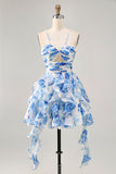 Ruffle Halter White Fuchsia Flower Printed Homecoming Dress with Pearls
