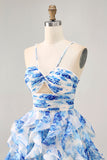 Ruffle Halter White Fuchsia Flower Printed Homecoming Dress with Pearls