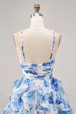 Ruffle Halter White Fuchsia Flower Printed Homecoming Dress with Pearls