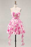 White Blue Flower A-Line Pearl Beaded Cut-Out Homecoming Dress With Ruffles