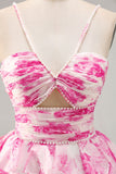 Ruffle Halter White Fuchsia Flower Printed Homecoming Dress with Pearls