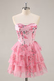 White Blue Flower Corset Tiered Strapless Homecoming Dress
