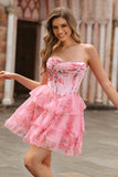 Ruffled White Blue Flower Corset A-Line Strapless Homecoming Dress