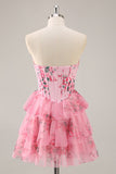White Blue Flower Corset Tiered Strapless Homecoming Dress