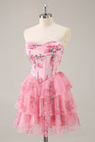 White Blue Flower Corset Tiered Strapless Homecoming Dress