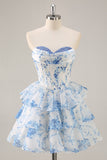 Floral A Line Strapless Corset Tiered Pink Homecoming Dress