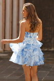 Ruffled White Blue Flower Corset A-Line Strapless Homecoming Dress