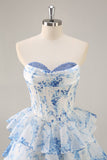 Floral A Line Strapless Corset Tiered Pink Homecoming Dress