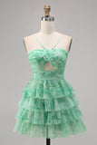Purple A-Line Tiered Cut Out Floral Short Homecoming Dress