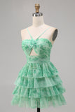 Purple A-Line Tiered Cut Out Floral Short Homecoming Dress
