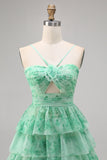 White Blue Flower A-Line Tiered Cut Out Short Homecoming Dress