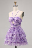White Blue Flower A-Line Tiered Cut Out Short Homecoming Dress