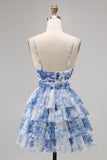 Purple A-Line Tiered Cut Out Floral Short Homecoming Dress