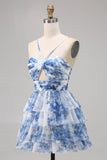 Purple A-Line Tiered Cut Out Floral Short Homecoming Dress