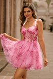 Floral Corset Short A Line Pink Homecoming Dress