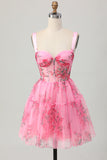 Floral Corset Short A Line Pink Homecoming Dress