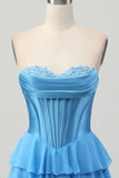 Blue Corset Strapless Tiered A Line Homecoming Dress