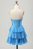 Blue Corset Strapless Tiered A Line Homecoming Dress