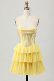 Blue Corset Strapless Tiered A Line Homecoming Dress
