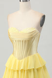 Strapless Corset A Line Tiered Yellow Homecoming Dress