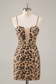 Khaki Leopard Corset Bodycon Short Homecoming Dress with Sequins
