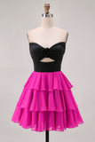 Black and White A-Line Tiered Strapless Homecoming Dress with 3D Flower