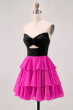 Black and White A-Line Tiered Strapless Homecoming Dress with 3D Flower