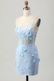 Bodycon Corset Sequin Blue Homecoming Dress with 3D Flowers