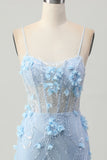 Bodycon Corset Sequin Blue Homecoming Dress with 3D Flowers