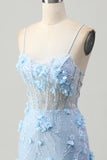 Bodycon Corset Sequin Blue Homecoming Dress with 3D Flowers