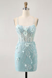 Bodycon Corset Sequin Blue Homecoming Dress with 3D Flowers
