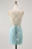 Bodycon Corset Sequin Blue Homecoming Dress with 3D Flowers