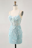 Bodycon Corset Sequin Blue Homecoming Dress with 3D Flowers