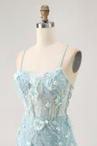Bodycon Corset Sequin Blue Homecoming Dress with 3D Flowers