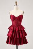 Burgundy Beaded Corset A Line Strapless Tiered Homecoming Dress