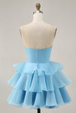 Purple Tiered Ruffle Strapless A Line Homecoming Dress