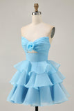 Purple Tiered Ruffle Strapless A Line Homecoming Dress