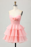 Purple Tiered Ruffle Strapless A Line Homecoming Dress