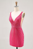 Fuchsia V-Neck Beaded Tight Homecoming Dress