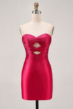 Burgundy Beaded Strapless Cut Out Bodycon Homecoming Dress