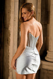 Grey Silver Strapless Beaded Satin Corset Mini Dress