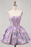 Floral Brocade A Line Strapless Yellow Homecoming Dress
