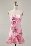 White Blue Flower Printed Bodycon Strapless Homecoming Dress